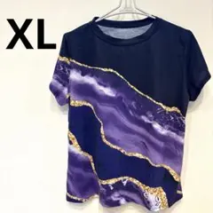 デザインTシャツ 1XL ブラック×パープル×ゴールド マーブル模様