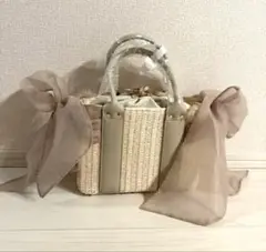 リボン付きベージュかごバッグ　新品