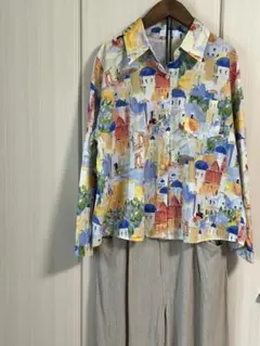 [美品]風景画プリント 長袖シャツ・ブラウス　コットン100%
