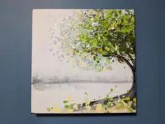 緑と黄色の点描で描かれた木の抽象画パネル 60cm x 60cm