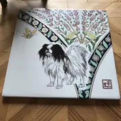 犬と花の陶器置物 20cm パピヨン
