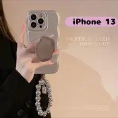 sns話題❣️iPhone13 スマホ　ケース　グリップ　ストラップ付　シルバー