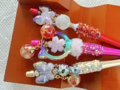 34 カスタムボールペン　3本セット　ハンドメイド　ガラスドームチャーム付き