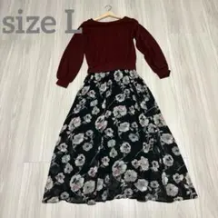 luciole 切り替えワンピース 花柄 ニット L ゆったり フェミニン