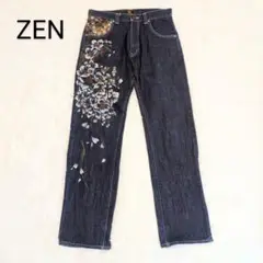 ZEN　弾　手描きジーンズ　インディゴ　花柄　和柄　夜桜　32サイズ