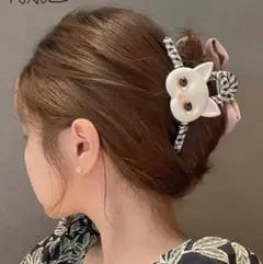 バレッタ リボン＆猫 ピンク アニマル チェック レディース ヘアアクセ