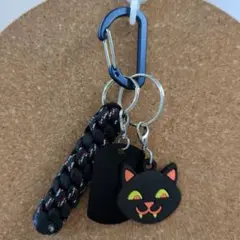 749ハロウィン黒猫ステンレスタグパラコードキーホルダー