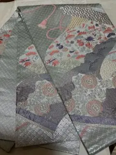 美品！古典柄刺繍 淡い色彩下地に鮮やかな刺繍 正絹袋帯！300円スタート