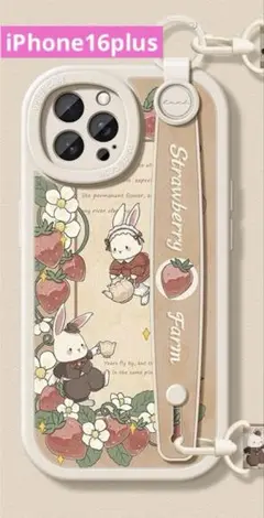 【新品】ストロベリーうさぎ　ストラップ iPhone16plusケース　ベージュ