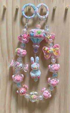 スイーツ手描きビーズ×気球とうさぎ ゆめかわストラップ人気デザインバッグチャーム