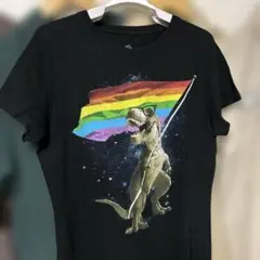 ティラノサウルス・レインボーフラッグ・宇宙・パロディプリントTシャツ・黒・S相当