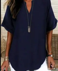 Vネック ルーズブラウス半袖シャツ　XL