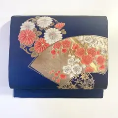 2m976 名古屋帯 絹 紺 金色 白 ピンク 花柄 和装 着物