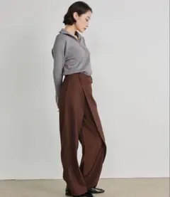 ブラウン ラップスタイル ワイドパンツ