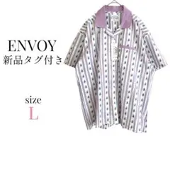 ENVOY【L】半袖柄シャツ メンズライク ボーイッシュ ストライプ 総柄
