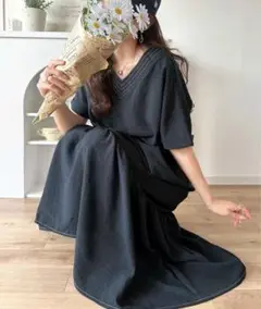 大人の抜け感♡ステッチ使いVネックロングワンピース