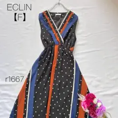 エクラン ラインドットカシュクールワンピース ウエストゴム ノースリーブ 【F】
