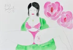 自画像ドローイング♡（浴衣のはだけた水蜜姫♡）A4水彩アクリル絵画原画抽象画