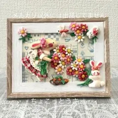 うさぎ 『コスモスとミニうさ』 フレーム飾り 粘土 ハンドメイド