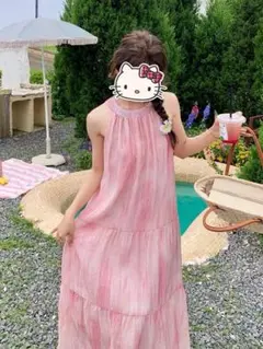 ピンクノースリーブティアードワンピース
