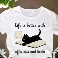 【人気】　猫　プリント　Tシャツ　カットソー　イラスト　XL　ホワイト　⑪