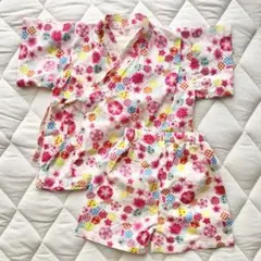 【美品】花柄ピンク系甚平 90cm 綿100%