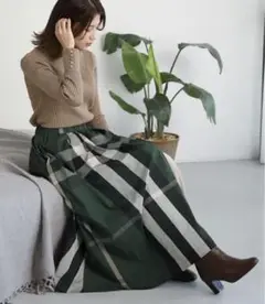 S・T・Ｂ　ロングフレアスカート　ウエストリブ　大柄チェック　Ｌ　LL 大きめ