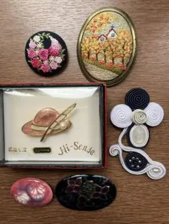 刺繍の風景ブローチ 楕円形　七宝焼き　手作りブローチ　6点