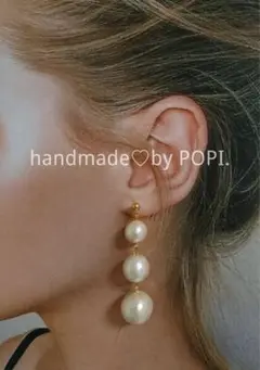 handmade accessory コットンパール3連ピアス