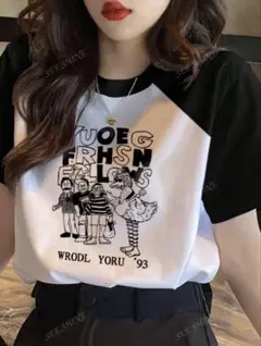ラグランTシャツ イラスト プリントTシャツ 白×黒 Ｓサイズ 半袖 送料込み
