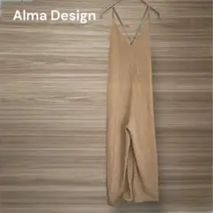 アルマデザイン 【M】ベージュ　サロペット　リネン混　Vネック　ワイドパンツ