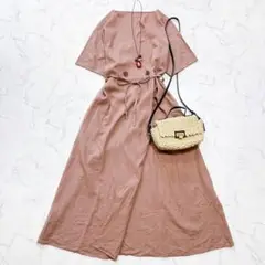 美品✨ヘザー リネン カシュクール ロングワンピース 洗える F