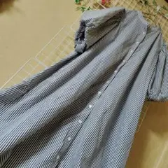 【Hok tush】ストライプ 半袖 シャツワンピース Aラインパフェスリーブ