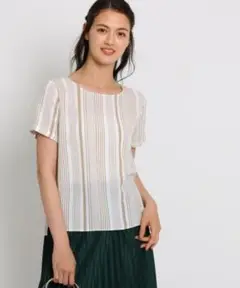 日本製【INDIVI】接触冷感ミックスストライプブラウス　半袖ブラウス　42