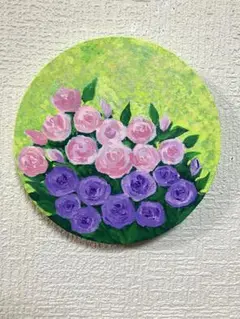 アクリル画　原画　ピンクとパープルの薔薇　２０㎝丸キャンバス