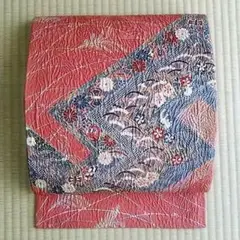 正絹 袋帯 ≪膨れ織り 珊瑚朱色 宝尽くし≫ お太鼓柄
