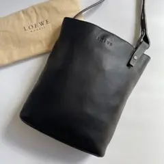 【美品】ロエベ ショルダーバッグ 肩掛け ロゴ型押し ロゴプレート レザー 黒