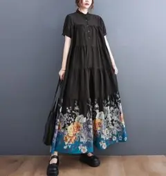 新品大きいサイズ花柄ティアードワンピース マキシ丈 ゆったり 4L体型カバー 黒