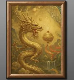 運気と財運アップの金竜　額縁付　健康運　金運を開運するインテリア絵画グラフィック