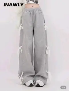 INAWLY リボン付きグレー ワイドパンツ JP-3XL