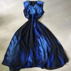 青系グラデーションノースリーブ　ワンピース　カシュクール　昭和レトロ風