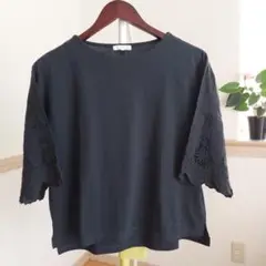studio CLIP 五分袖レース模様 Tシャツ カットソー M ブラック