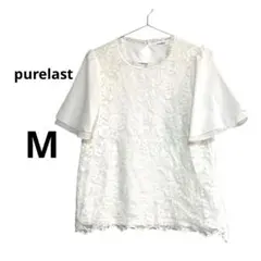 purelast 白　花柄レース　半袖トップス　2段袖 涼しげカットソー　M