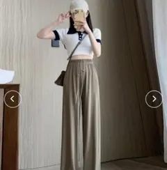 セミワイドパンツハイウエストロングパンツ モカ