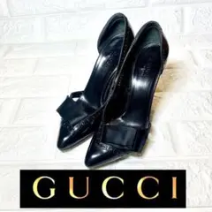 【美品】GUCCI リボン サテン ブラック 黒 パンプス パンチング