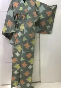 紬 小紋 単 着物 グレー