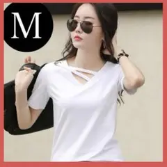 白　トップス　レディース　半袖　Tシャツ　Vネック　M ホワイト　ストリート