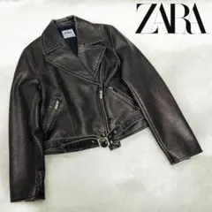 美品 完売品 ザラ ダークブラウン クロップド ライダースジャケット ベルト付き