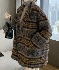 オーバーサイズ チェスターコート ブラウン系 チェック柄