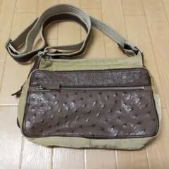 OSTRICH オーストリッチ/ レザー 革 ショルダーバッグ カーキ×茶